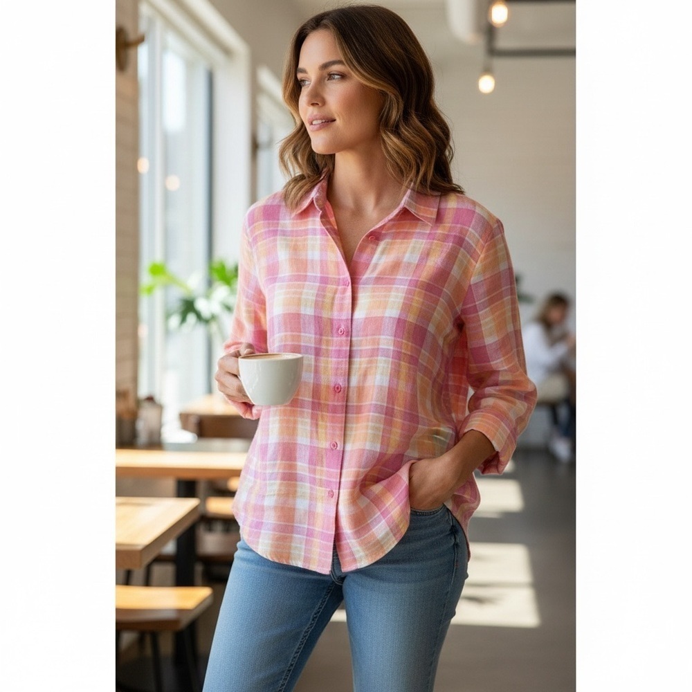 Women's XL Pastel Pink Yellow Plaid 100% Linen Boxy Button-Up Breathable Shirt